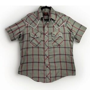 Vtg Stir-Ups Western Shirt Short Sleeve L Green Red Plaid Pearl Snaps Rockabilly